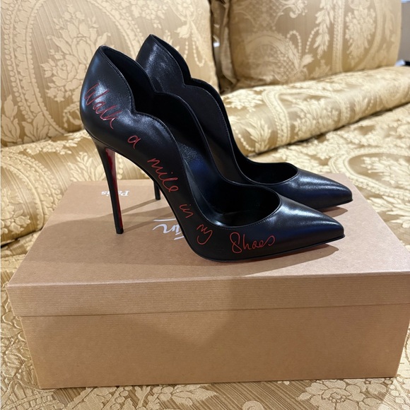Christian Louboutin Black Leather Pointed Stiletto with Red Script Walk A Mile - Picture 2 of 7